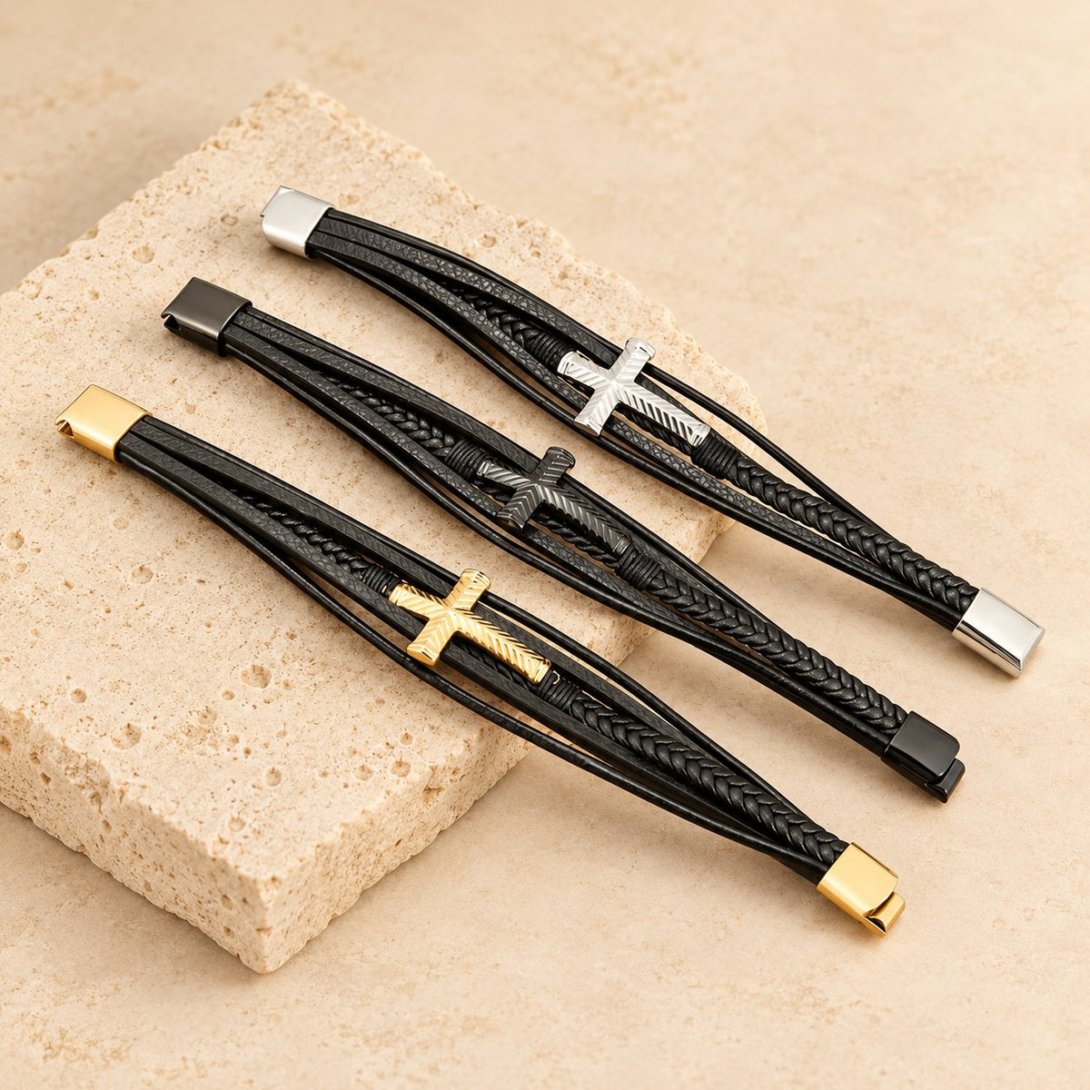 Three-Style Cross Leather Bracelet