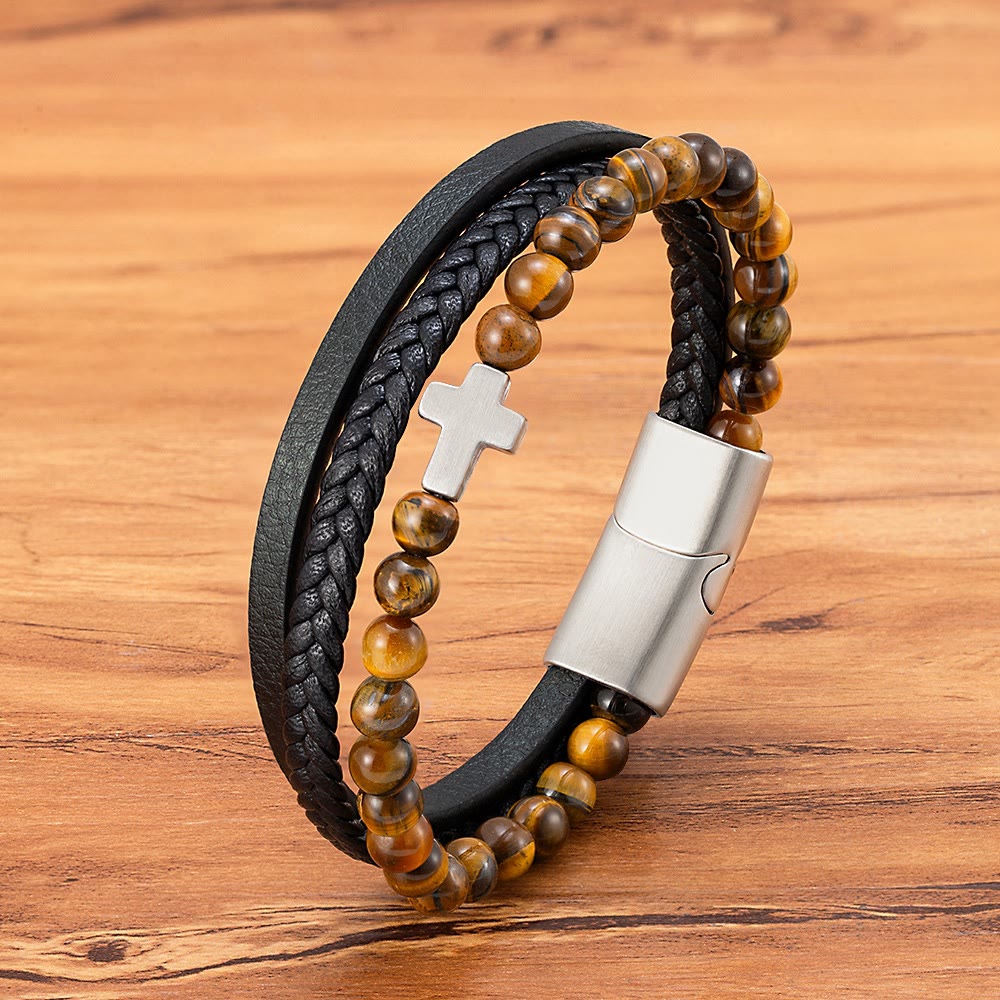 Pulsera de Cruz por Capas con Cuentas de Ojo de Tigre: Devoción Serena con Textura Rica