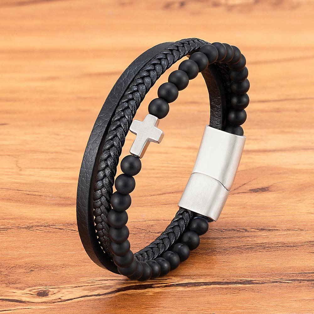 Pulsera de Cruz por Capas con Cuentas de Ojo de Tigre: Devoción Serena con Textura Rica