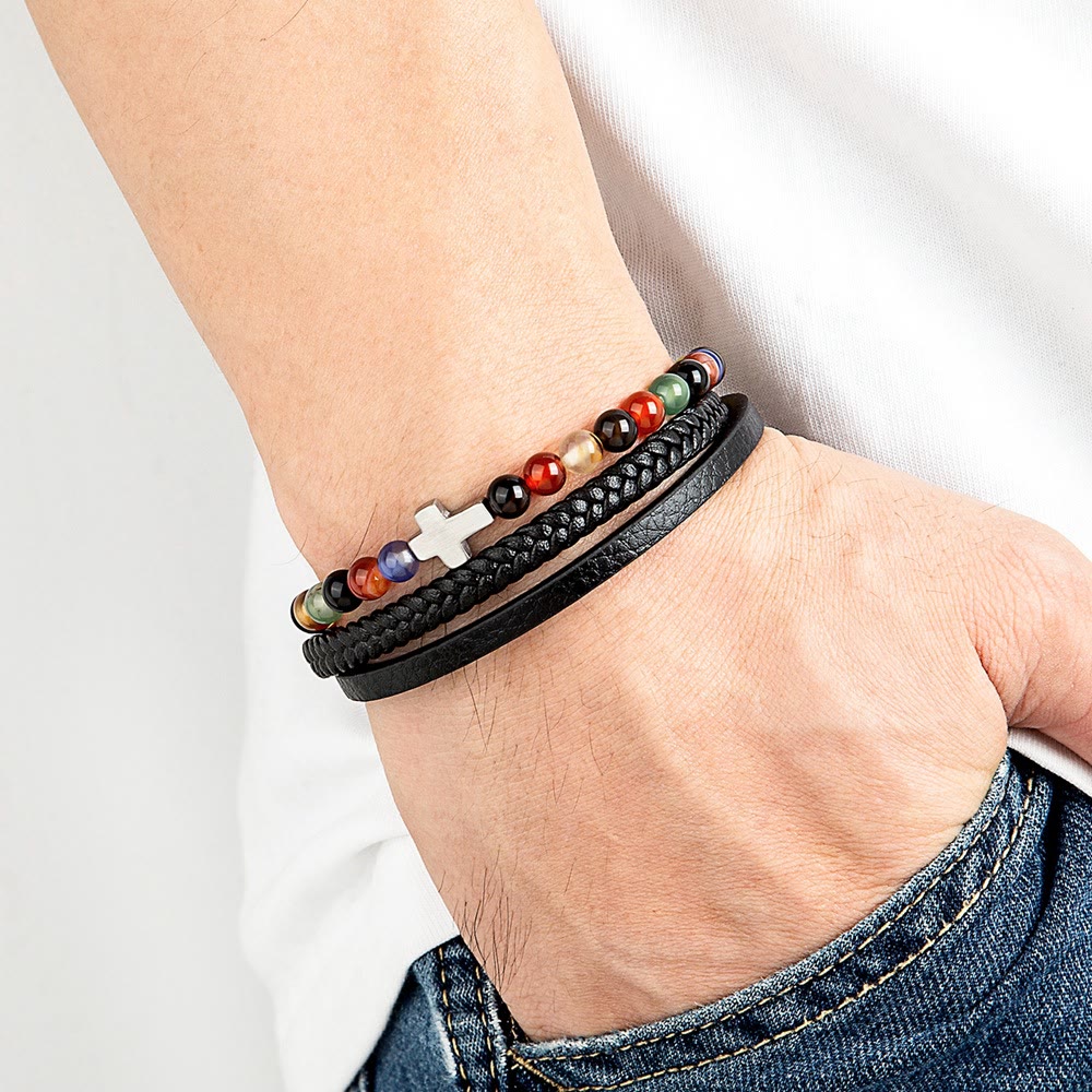 Pulsera de Cruz por Capas con Cuentas de Ojo de Tigre: Devoción Serena con Textura Rica
