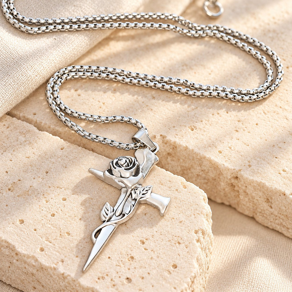 Rose Wrapped Cross Faith Necklace with Gothic Floral Design