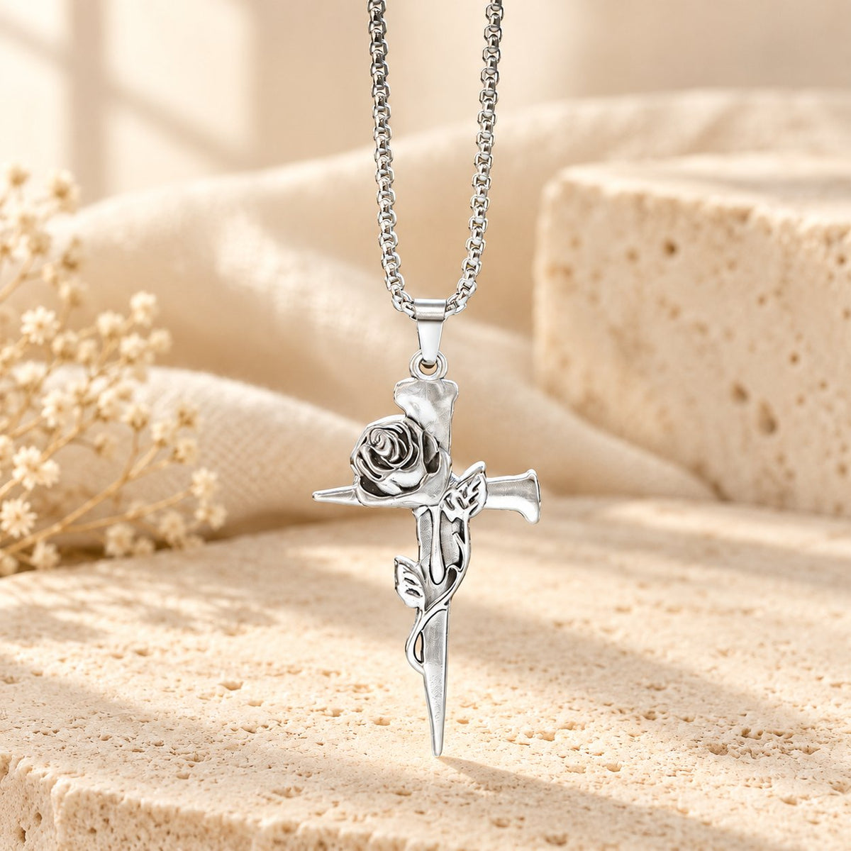 Rose Wrapped Cross Faith Necklace with Gothic Floral Design