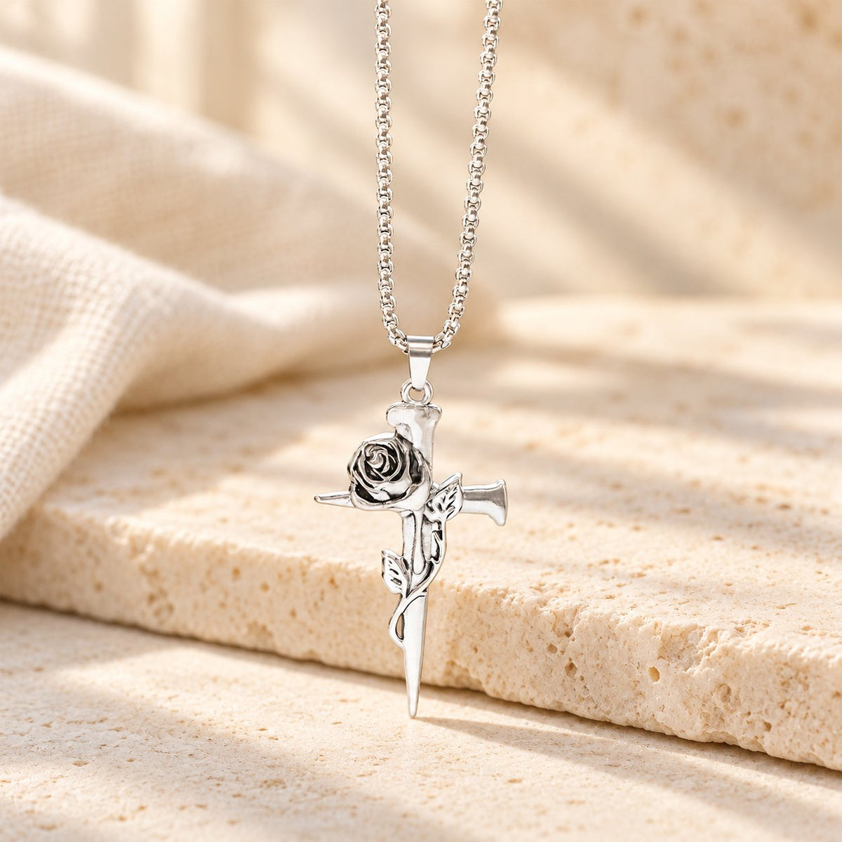 Rose Wrapped Cross Faith Necklace with Gothic Floral Design