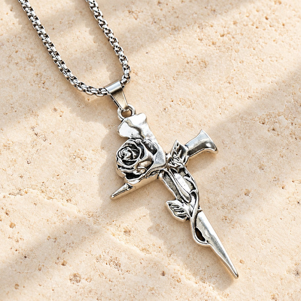 Rose Wrapped Cross Faith Necklace with Gothic Floral Design