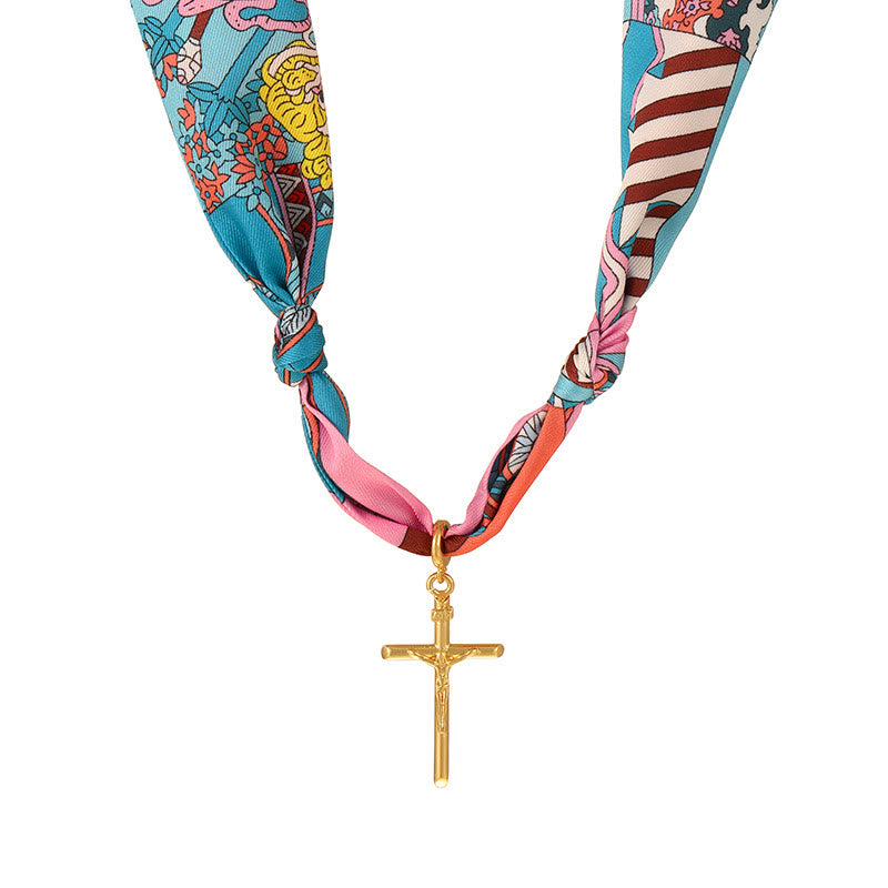 Serie de Collares de Cruz con Pañuelo de Patrones Vibrantes: Devoción Elegante Diaria
