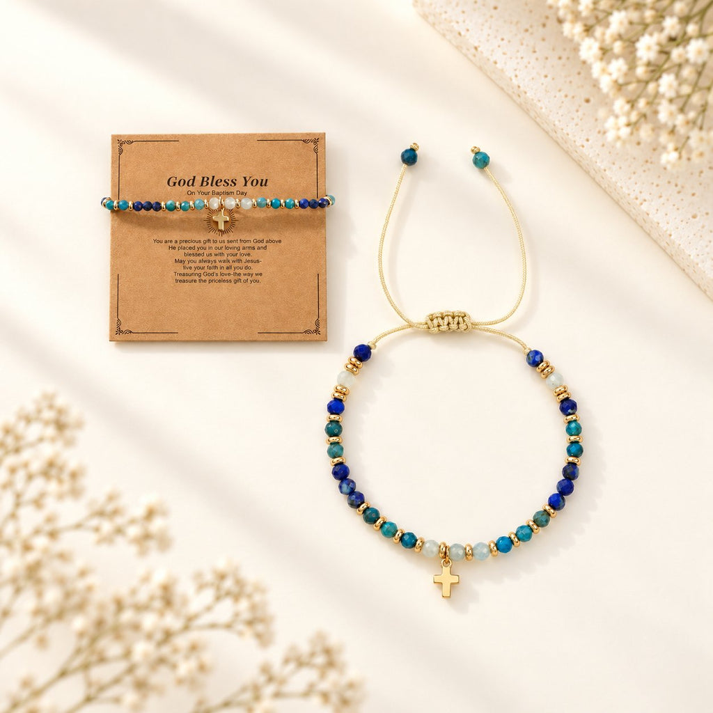 Natural Stone & Cross Bracelet with Bible Card Series