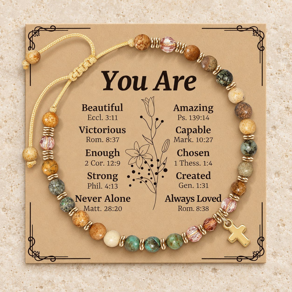 Natural Stone & Cross Bracelet with Bible Card Series