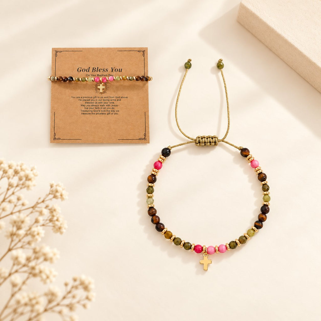Natural Stone & Cross Bracelet with Bible Card Series