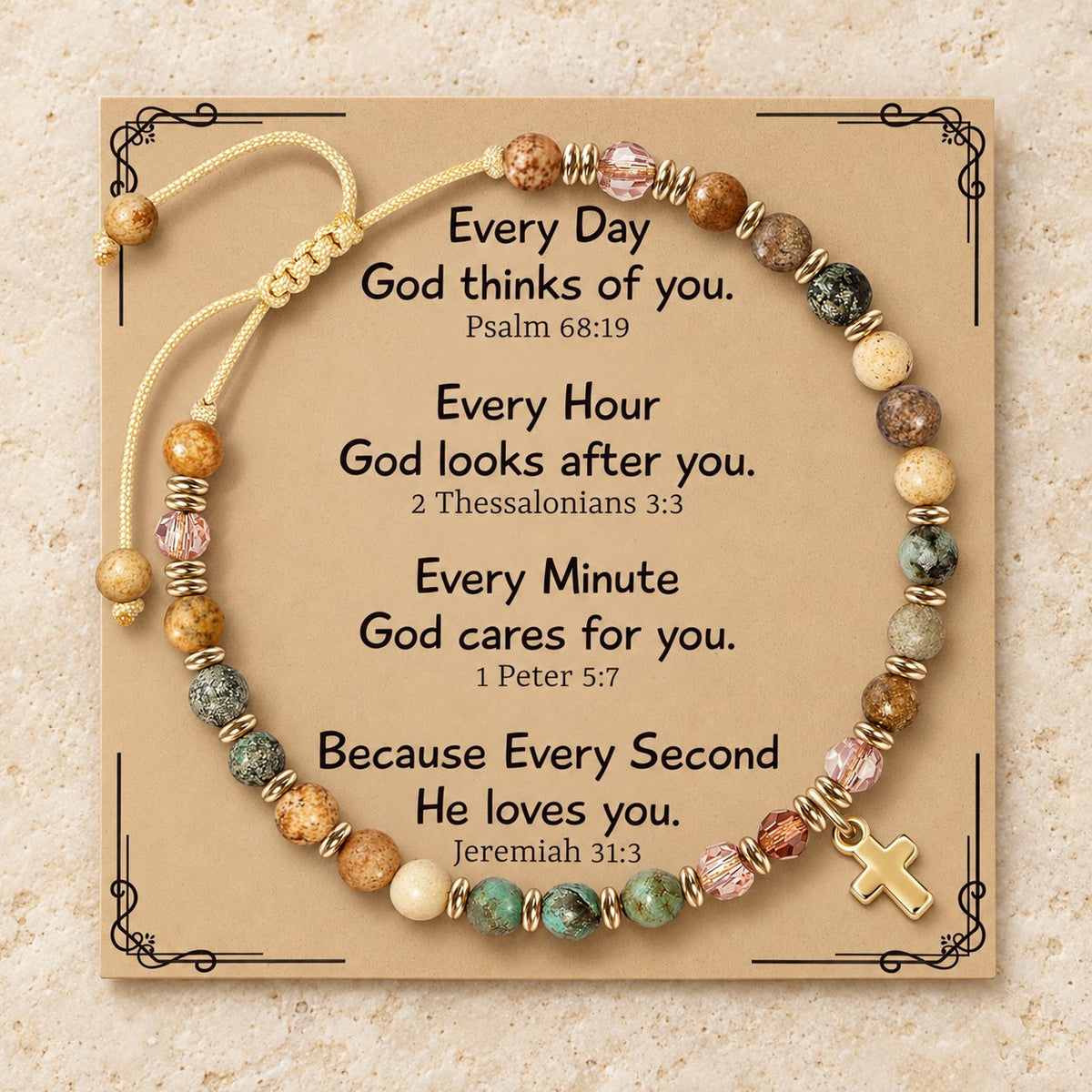 Natural Stone & Cross Bracelet with Bible Card Series