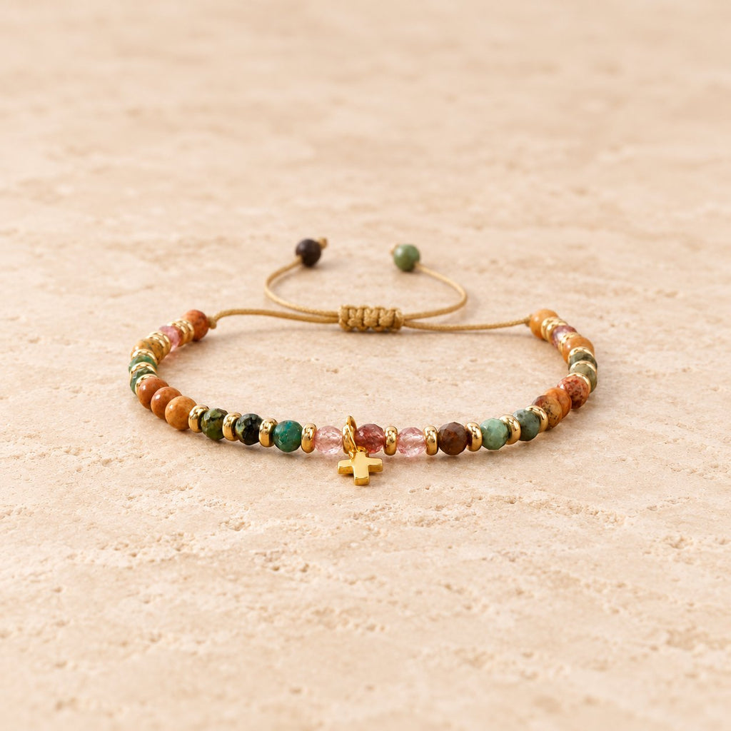 Natural Stone & Cross Bracelet with Bible Card Series