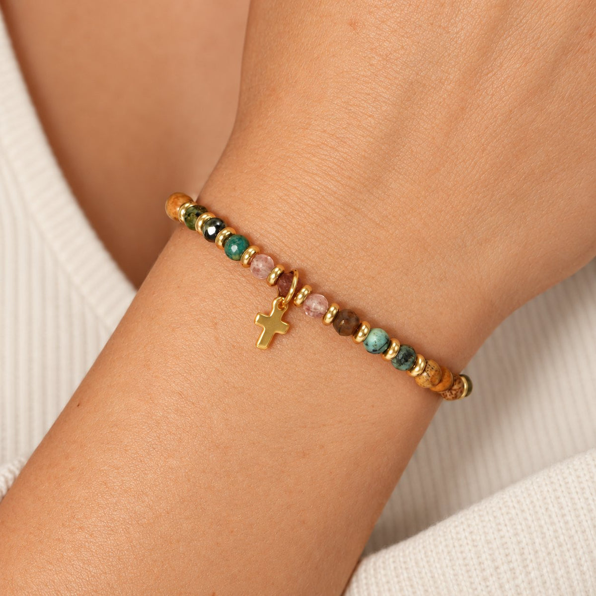 Natural Stone & Cross Bracelet with Bible Card Series
