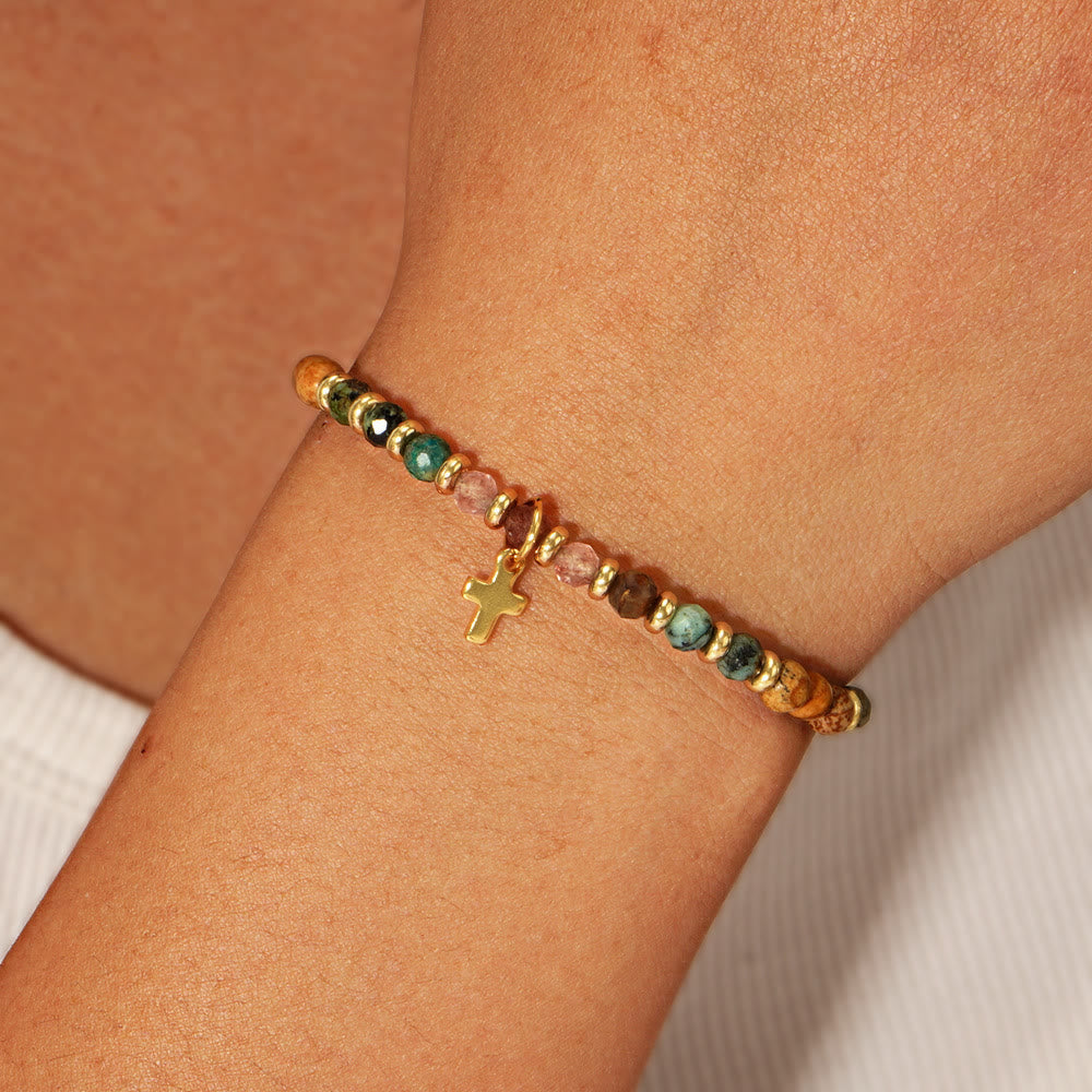 Pulsera de Piedra Natural y Cruz con Serie de Tarjetas Bíblicas: Devoción para Momentos Especiales