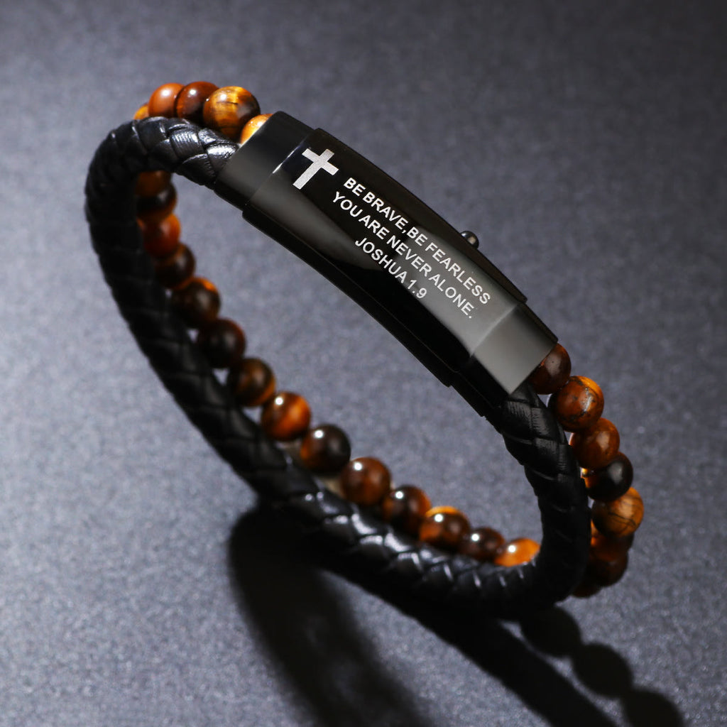Pulsera de Cruz de Cuero Tejido Josué 1:9: Valor para el Día a Día
