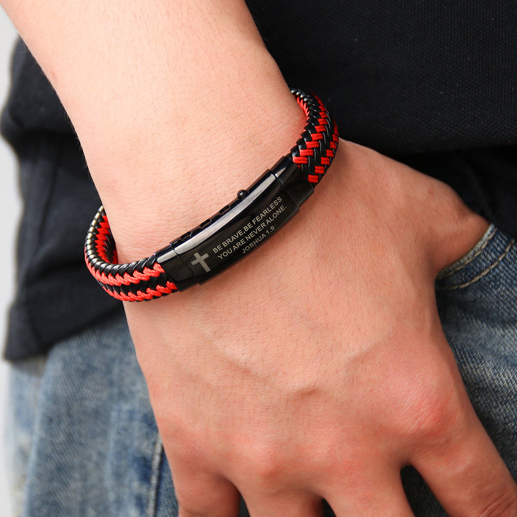 Pulsera de Cruz de Cuero Tejido Josué 1:9: Valor para el Día a Día