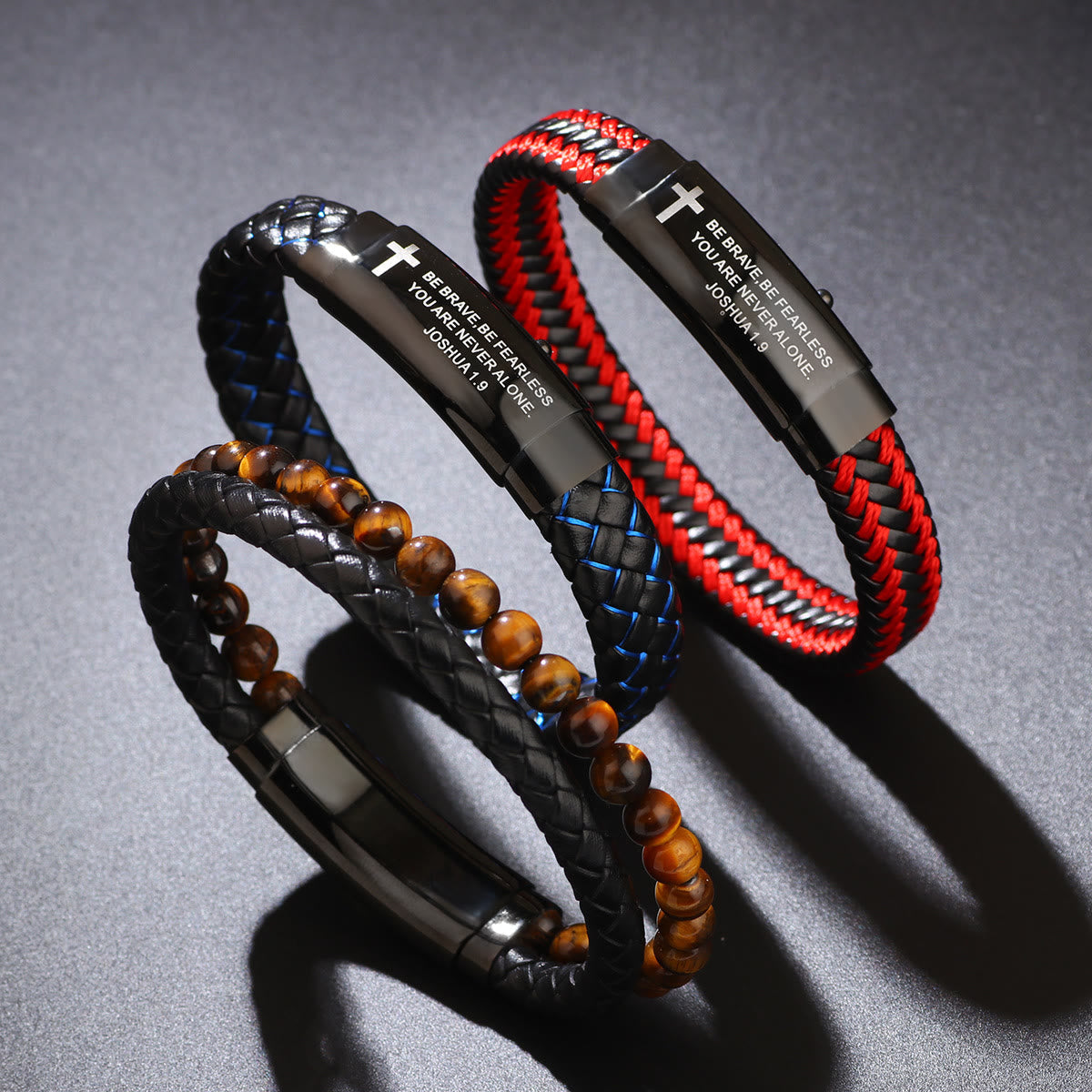 Pulsera de Cruz de Cuero Tejido Josué 1:9: Valor para el Día a Día