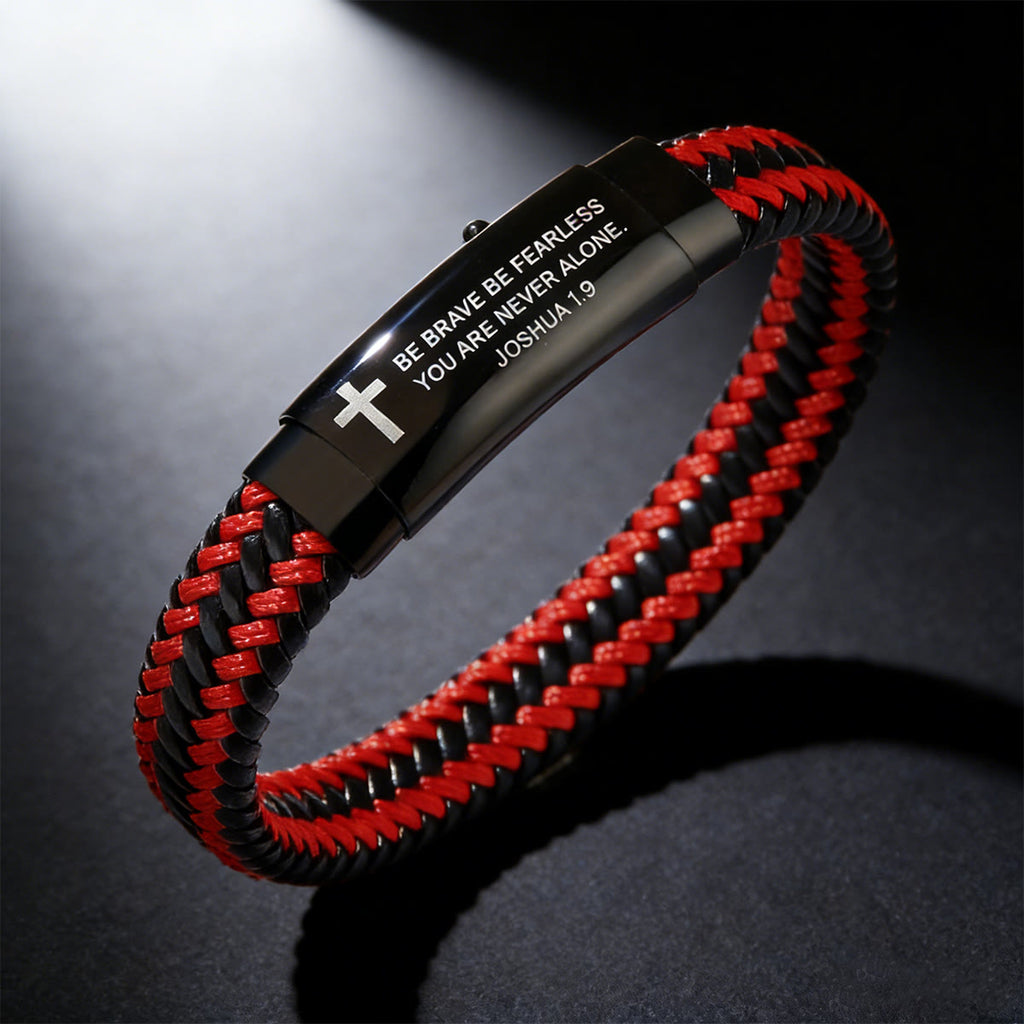Pulsera de Cruz de Cuero Tejido Josué 1:9: Valor para el Día a Día