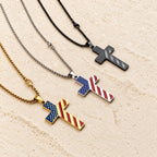 Tri-Color Cross Necklace with American Flag & Scripture
