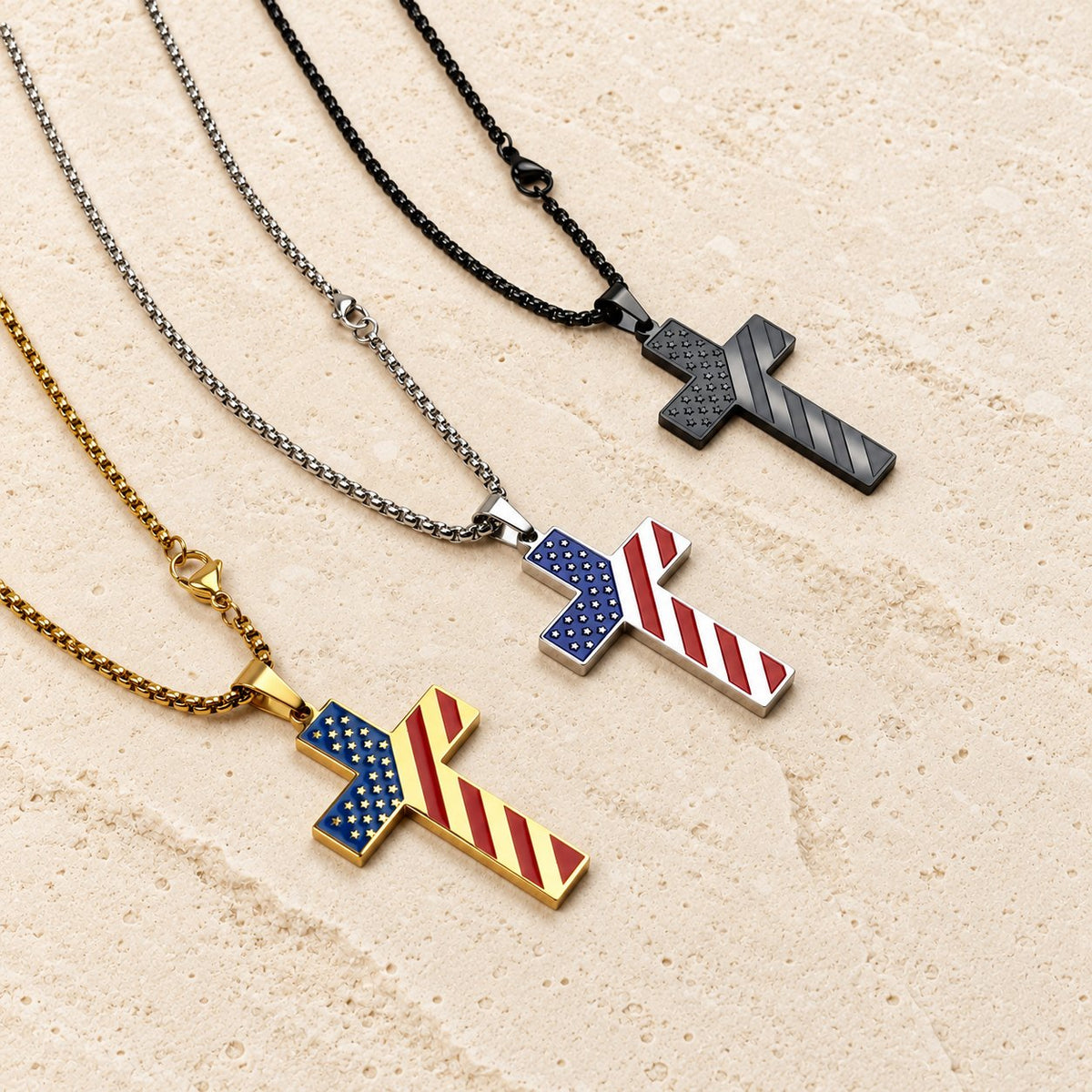 Tri-Color Cross Necklace with American Flag & Scripture
