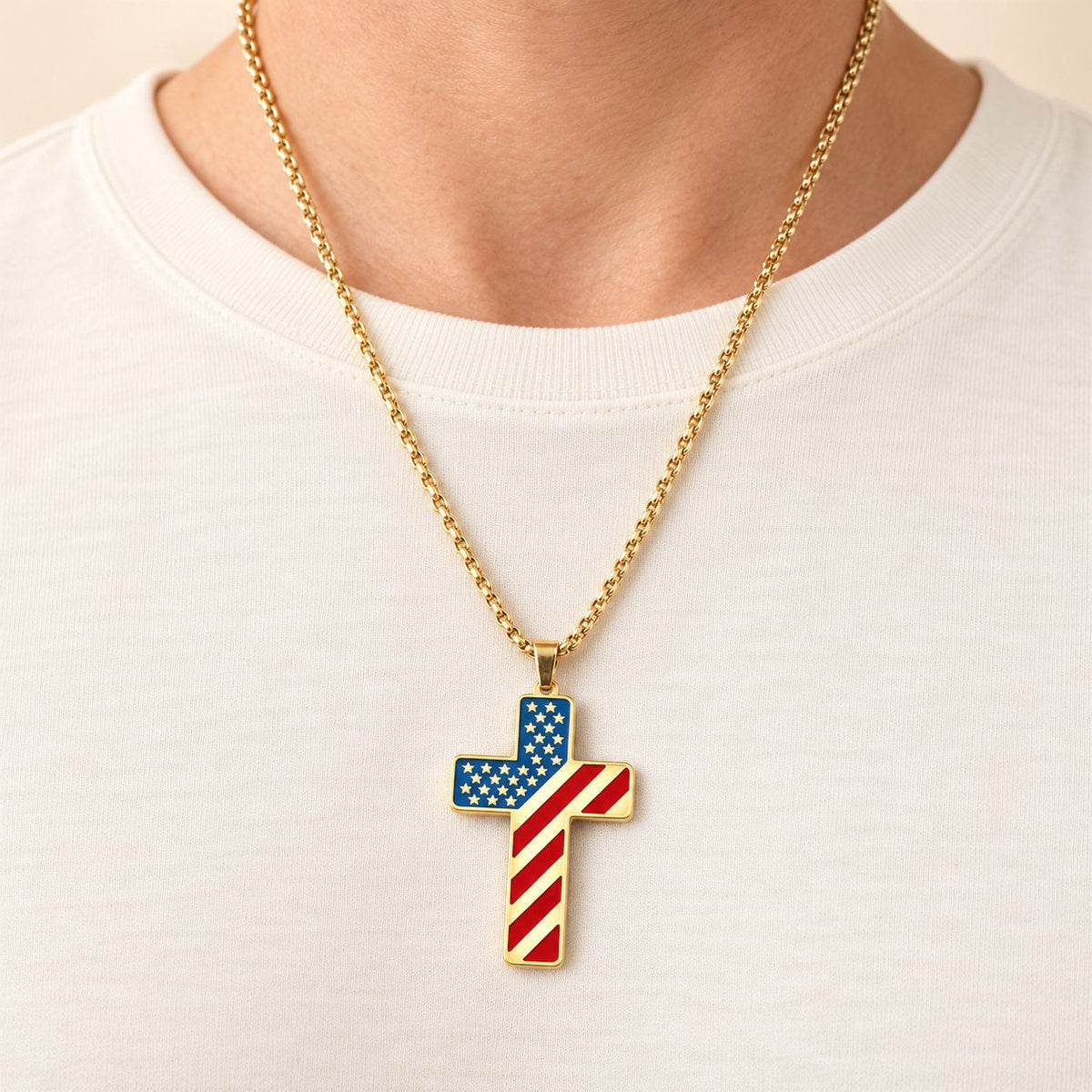 Tri-Color Cross Necklace with American Flag & Scripture