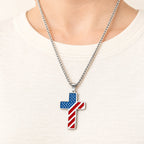 Tri-Color Cross Necklace with American Flag & Scripture