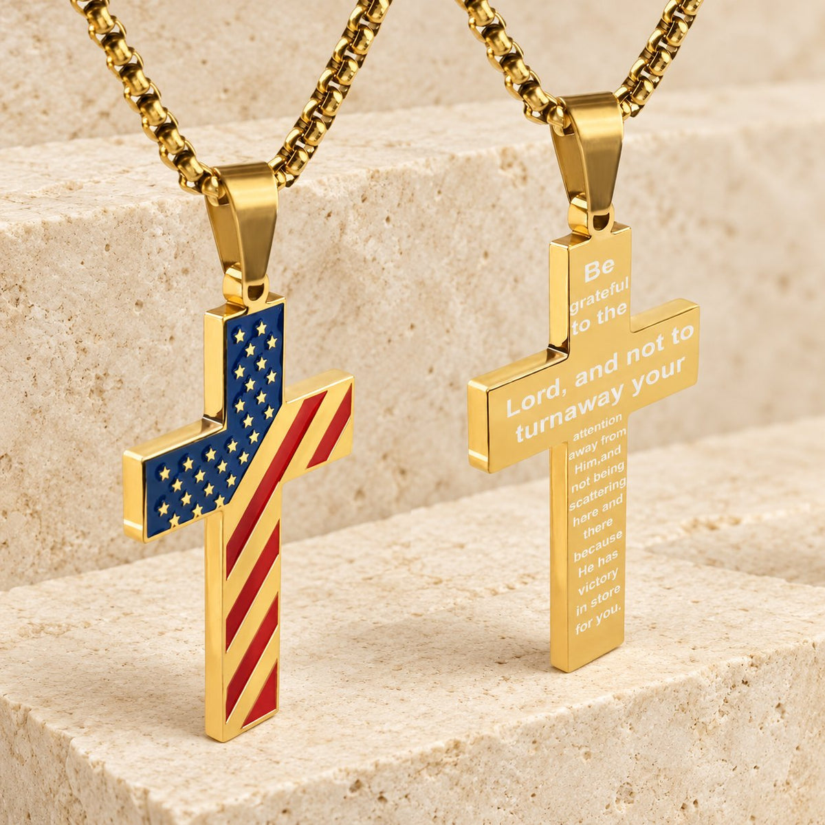 Tri-Color Cross Necklace with American Flag & Scripture