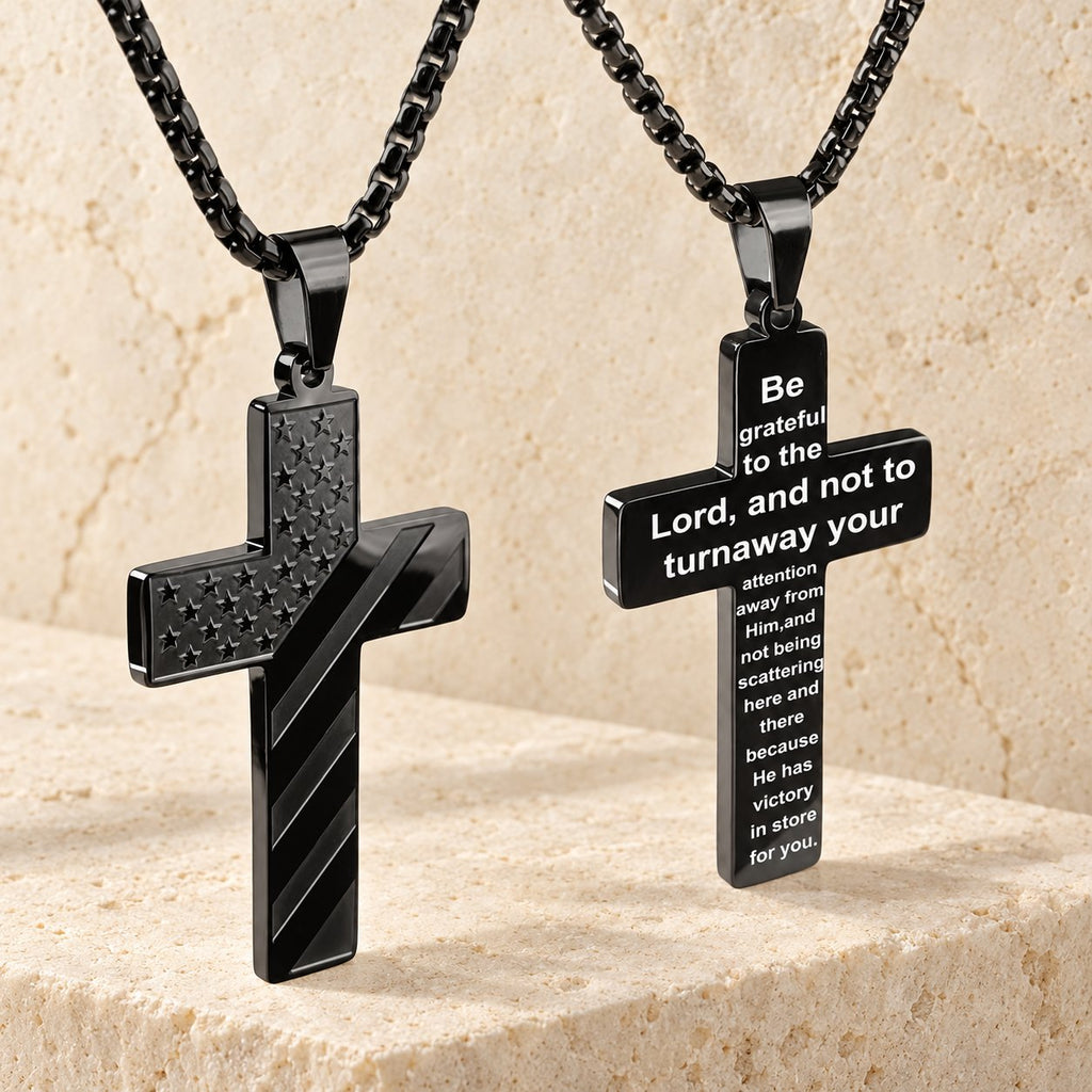 Tri-Color Cross Necklace with American Flag & Scripture