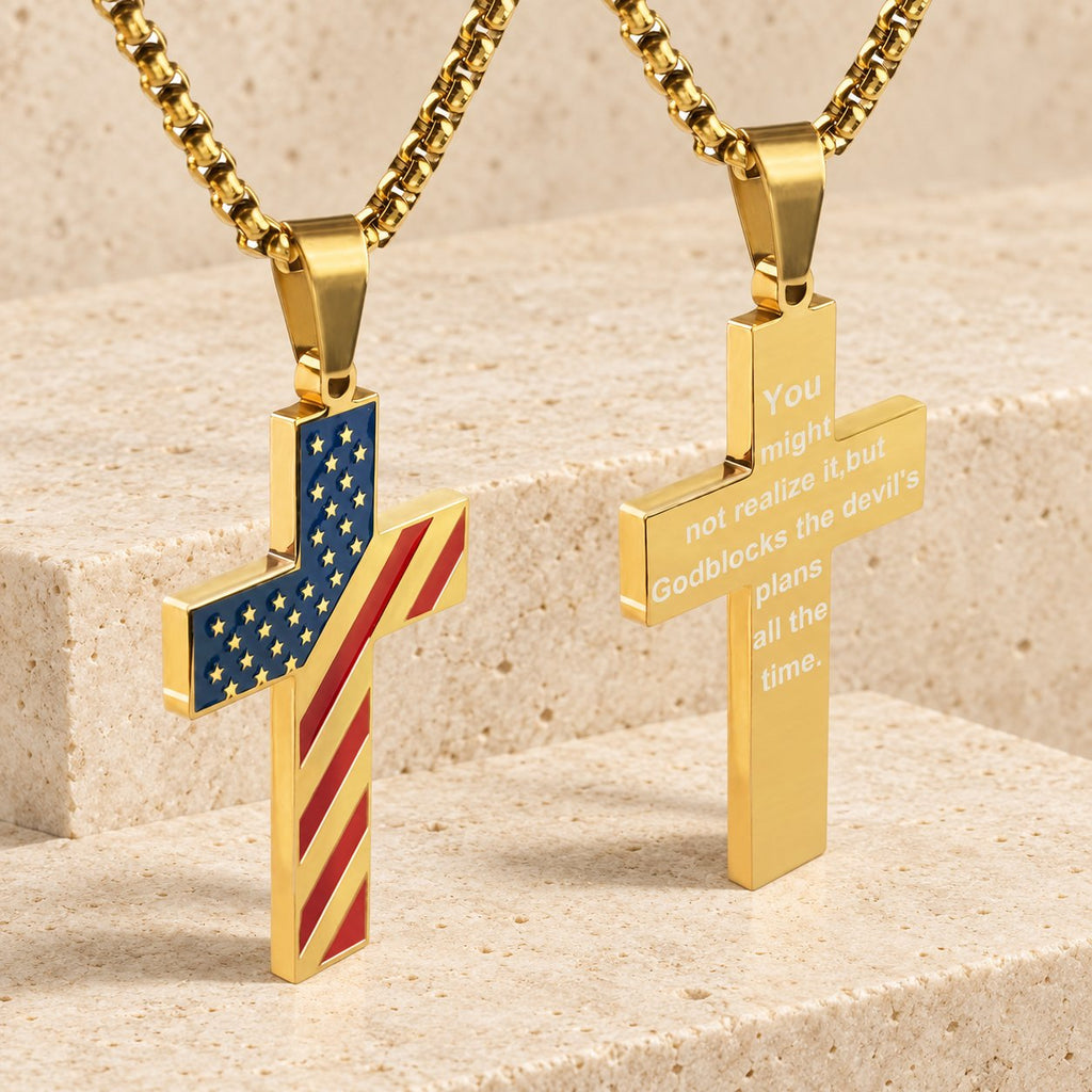 Tri-Color Cross Necklace with American Flag & Scripture
