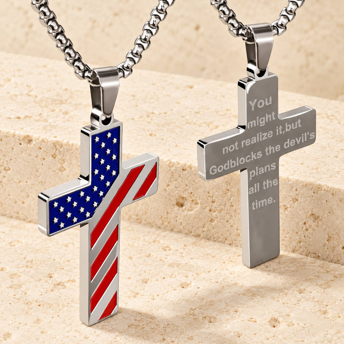 Tri-Color Cross Necklace with American Flag & Scripture