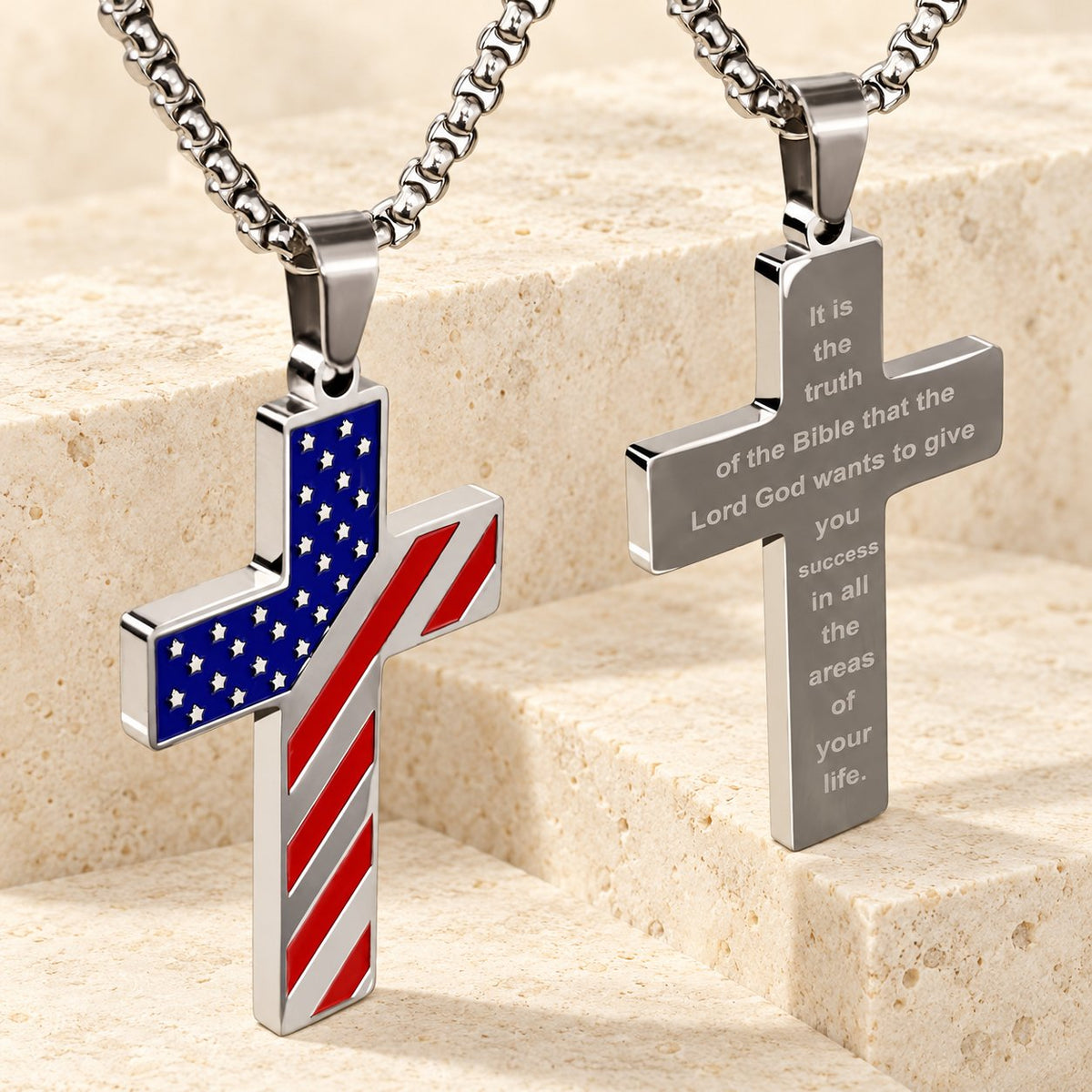Tri-Color Cross Necklace with American Flag & Scripture