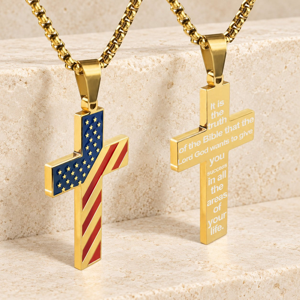Tri-Color Cross Necklace with American Flag & Scripture