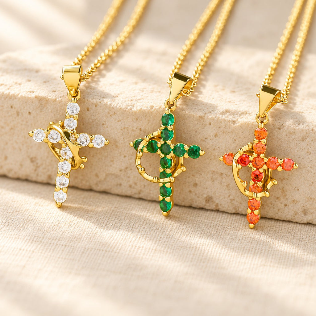 Faith-Symbol Cross Necklace with Monthly Birthstone Accents