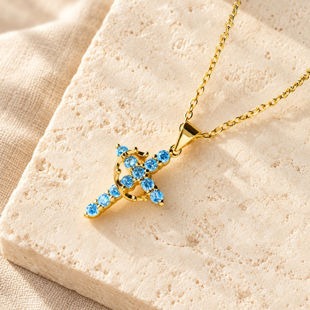 Faith-Symbol Cross Necklace with Monthly Birthstone Accents