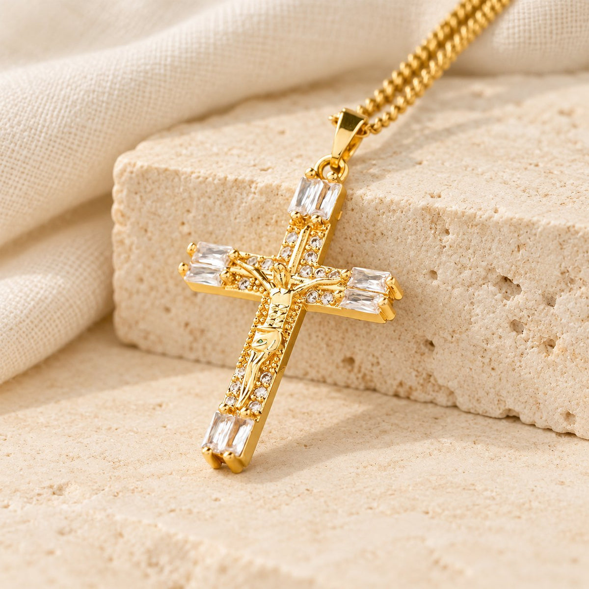 Retro Bohemian Style Colored Zirconia Cross Titanium Steel Necklace