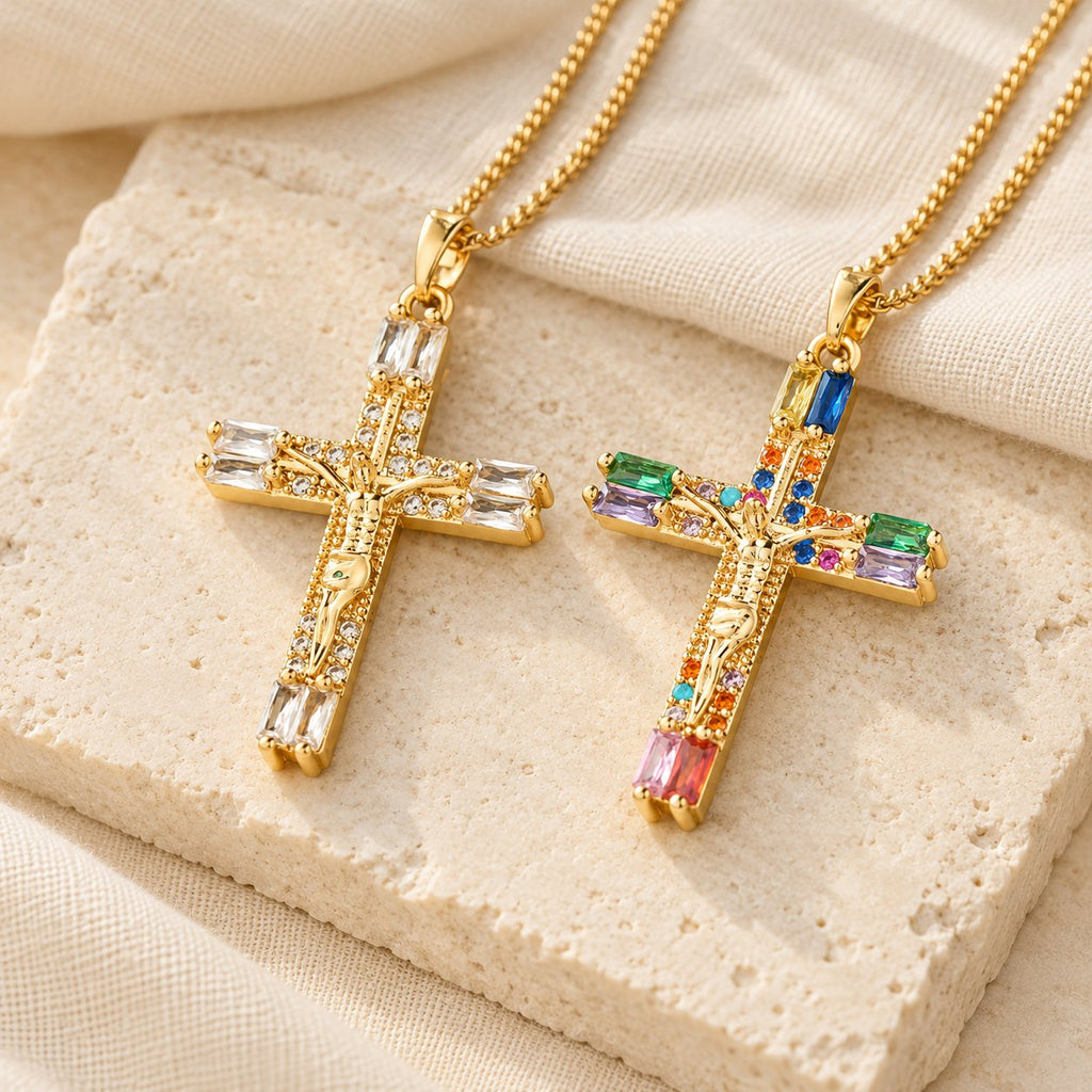 Retro Bohemian Style Colored Zirconia Cross Titanium Steel Necklace