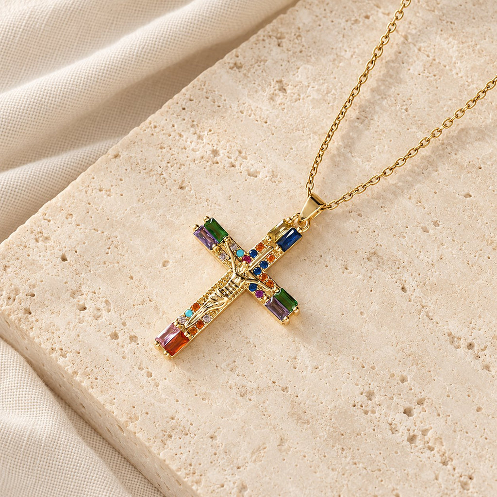 Retro Bohemian Style Colored Zirconia Cross Titanium Steel Necklace