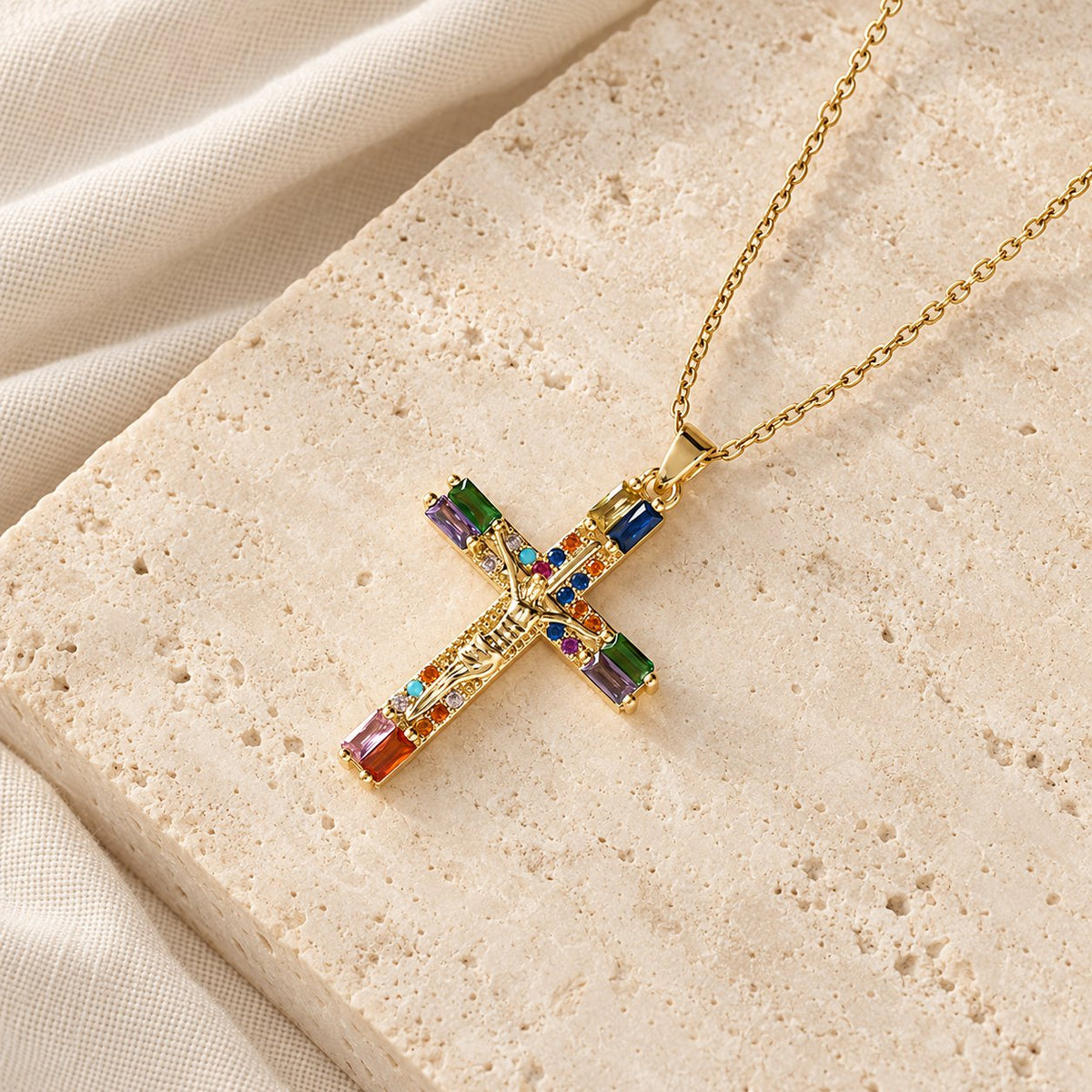 Retro Bohemian Style Colored Zirconia Cross Titanium Steel Necklace