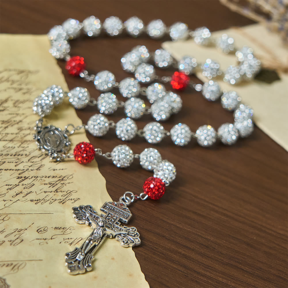 Collar de Gemas Redondas de Plata de 10 mm con Medalla Milagrosa y Crucifijo