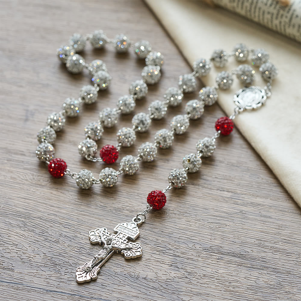 Collar de Gemas Redondas de Plata de 10 mm con Medalla Milagrosa y Crucifijo
