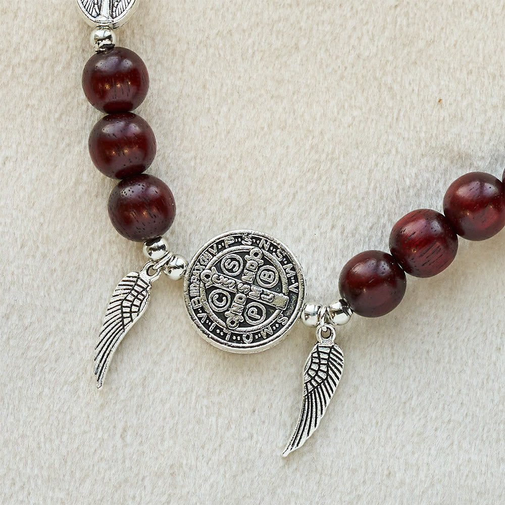 Pulsera de Cuentas de Sándalo Rojo con Medalla Milagrosa y Ala de Ángel