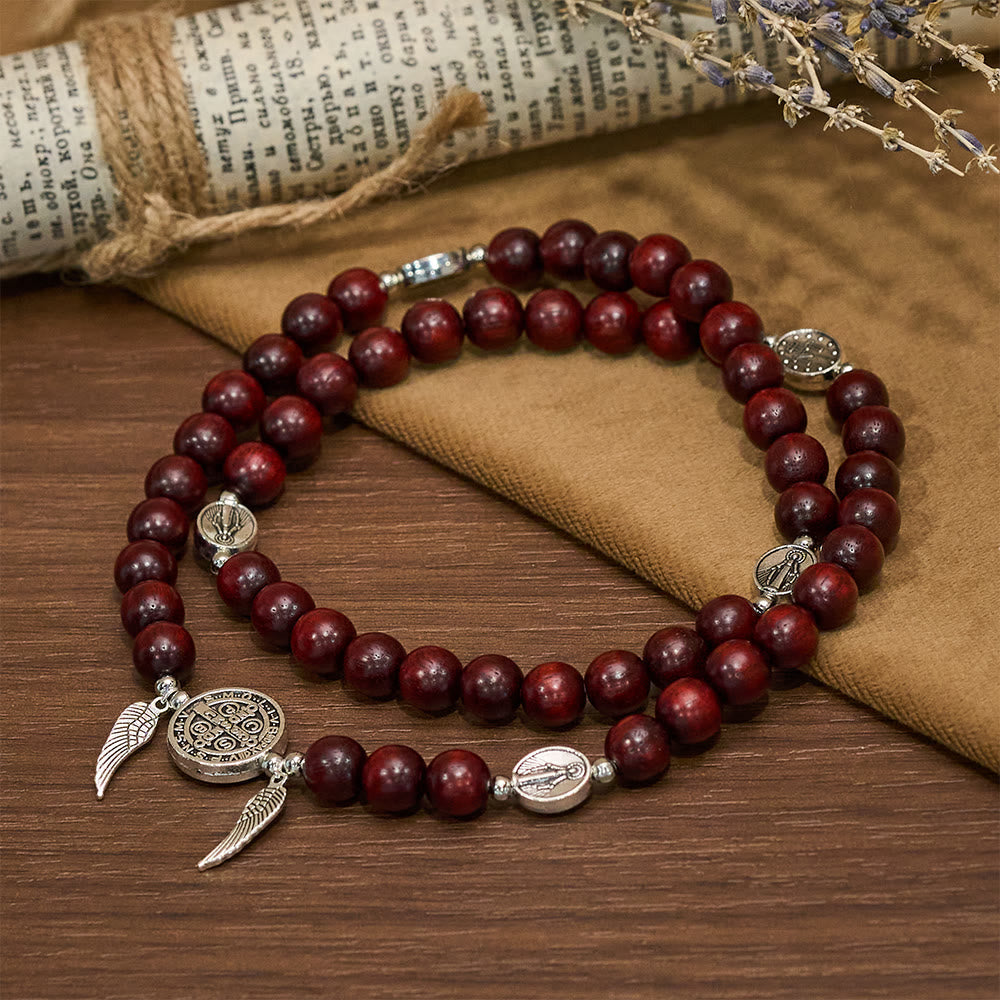 Pulsera de Cuentas de Sándalo Rojo con Medalla Milagrosa y Ala de Ángel