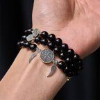 Pulsera de Cuentas de Madera Doble Guardián con San Benito y Medalla Milagrosa