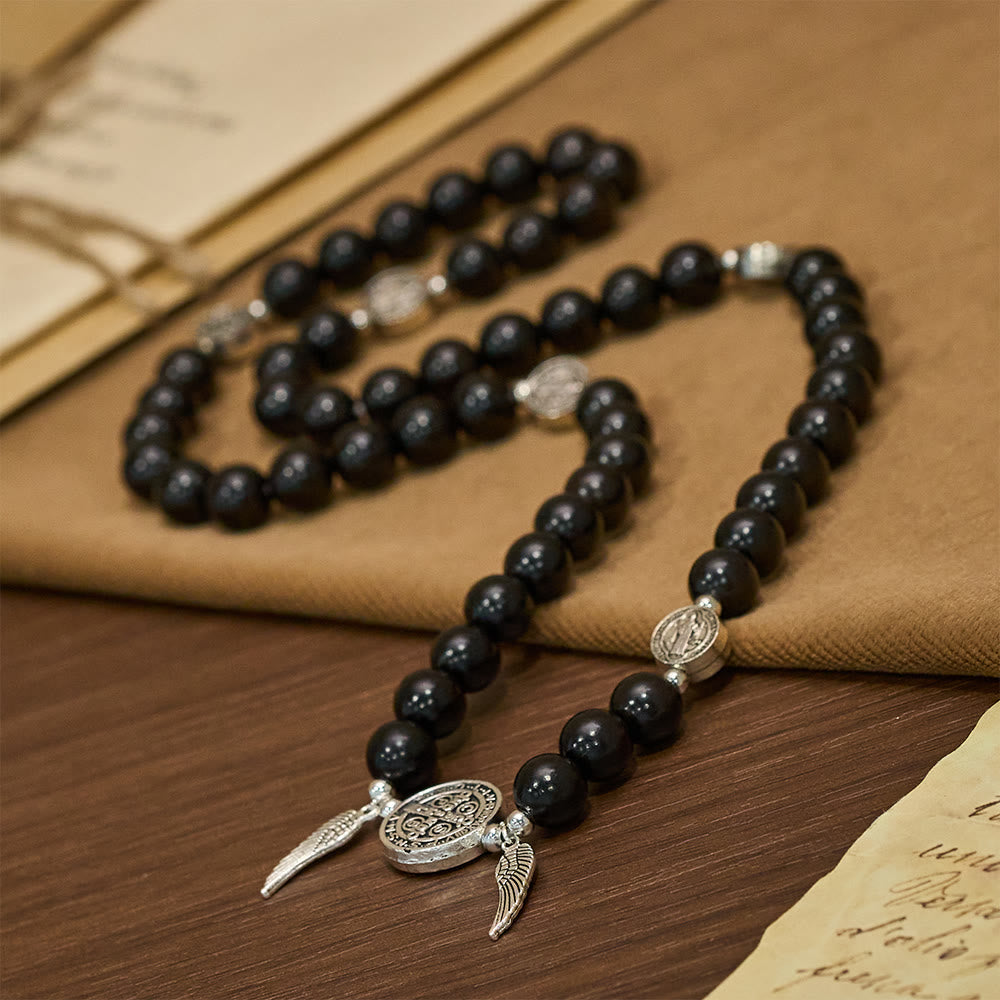 Pulsera de Cuentas de Madera Doble Guardián con San Benito y Medalla Milagrosa