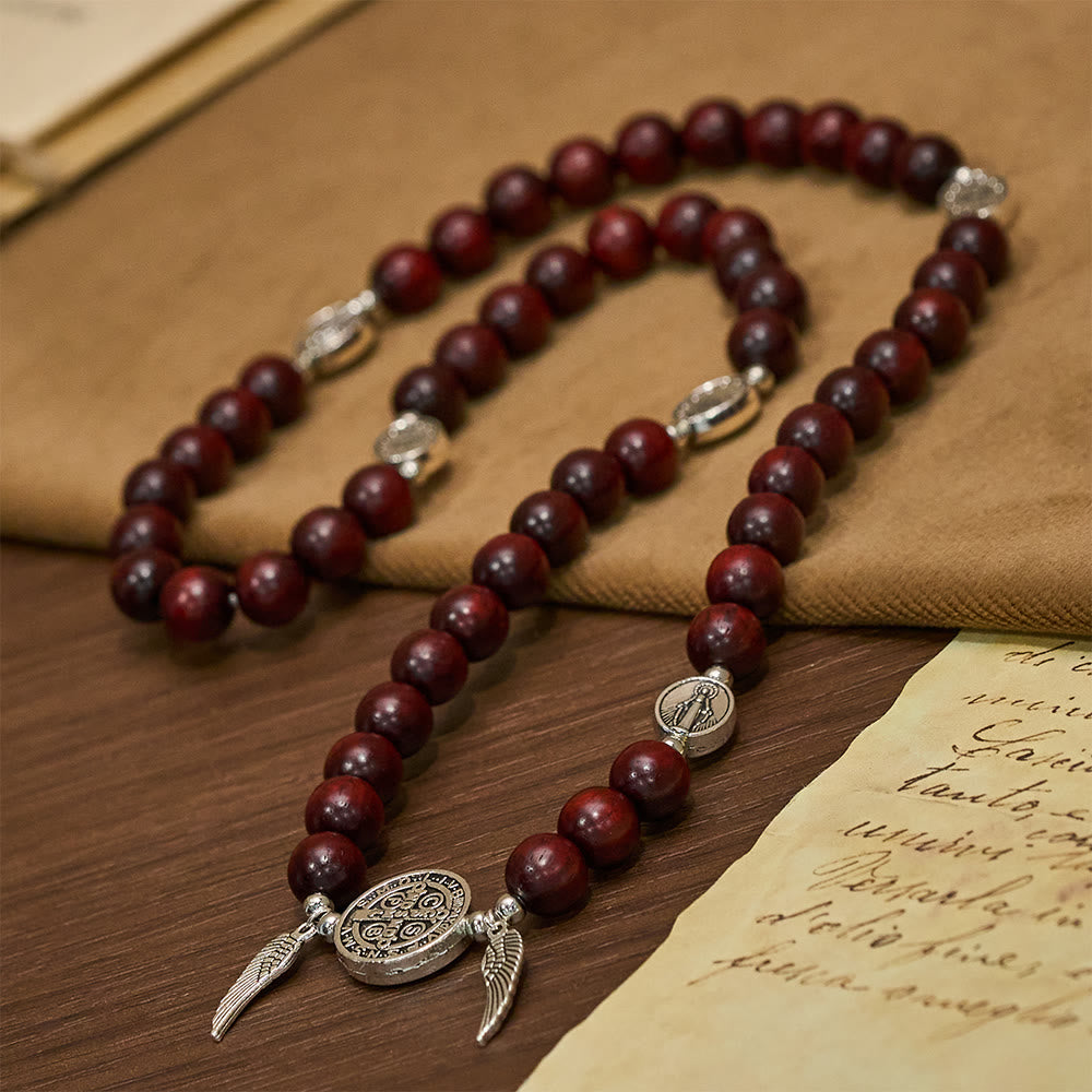 Pulsera de Cuentas de Madera Doble Guardián con San Benito y Medalla Milagrosa
