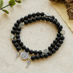 Pulsera de Cuentas de Madera Doble Guardián con San Benito y Medalla Milagrosa