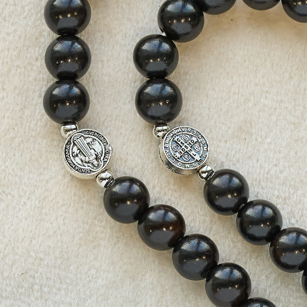 Pulsera de Cuentas de Madera Doble Guardián con San Benito y Medalla Milagrosa