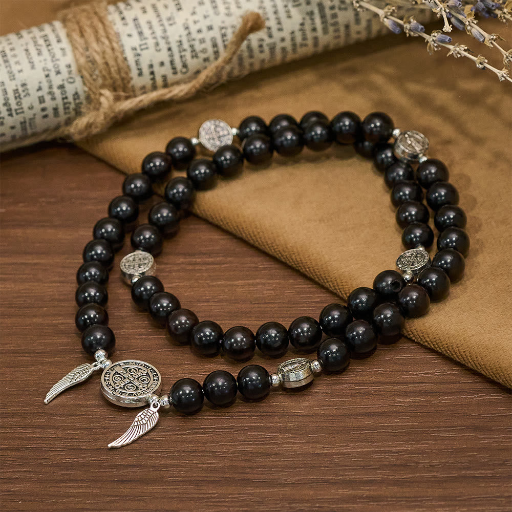Pulsera de Cuentas de Madera Doble Guardián con San Benito y Medalla Milagrosa