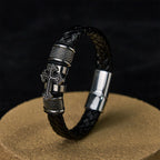 Pulsera Clásica de Cuero Trenzado con Santa Cruz en Dos Tonos