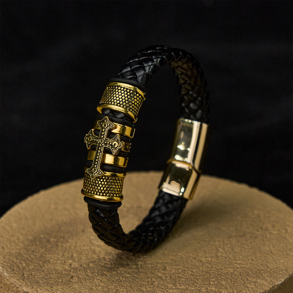 Pulsera Clásica de Cuero Trenzado con Santa Cruz en Dos Tonos