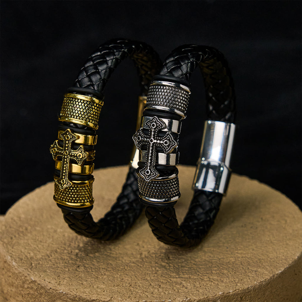 Pulsera Clásica de Cuero Trenzado con Santa Cruz en Dos Tonos
