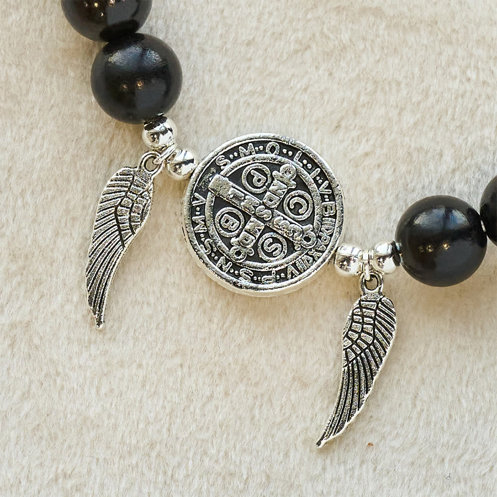 Pulsera de Cuentas de Sándalo Rojo con Medalla Milagrosa y Ala de Ángel